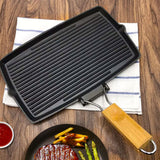 NNEAGS 2X 20.5cm Rectangular Cast Iron Griddle Grill Frying Pan with Folding Wooden Handle