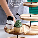 NNEAGS 2X 20cm 2 Tier Brown  Round Wooden Acacia  Dessert Tray Cake Snacks Cupcake Stand Buffet Serving Countertop Decor