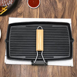 NNEAGS 2X 20.5cm Rectangular Cast Iron Griddle Grill Frying Pan with Folding Wooden Handle