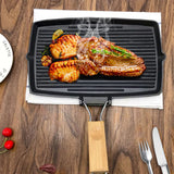 NNEAGS 2X 20.5cm Rectangular Cast Iron Griddle Grill Frying Pan with Folding Wooden Handle