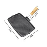 NNEAGS 2X 20.5cm Rectangular Cast Iron Griddle Grill Frying Pan with Folding Wooden Handle