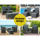 NNEDSZ Gardeon 5PC Bistro Set Wicker Table and Chairs Ottoman Outdoor Furniture Grey