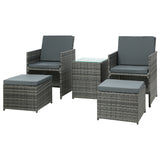 NNEDSZ Gardeon 5PC Bistro Set Wicker Table and Chairs Ottoman Outdoor Furniture Grey