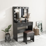NNEDSZ Fidel Vanity Set with Cushioned Stool and Lighted Mirror- Black