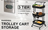NNEDSZ Trolley Cart Storage Utility Rack Shelf Organiser Swivel Kitchen 3 Tier BLACK