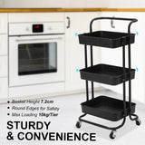 NNEDSZ Trolley Cart Storage Utility Rack Shelf Organiser Swivel Kitchen 3 Tier BLACK
