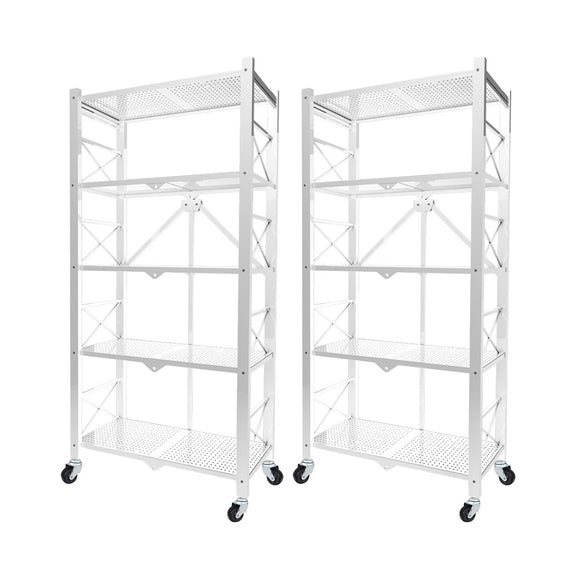 NNEAGS 2X 5 Tier Steel White Foldable Display Stand Multi-Functional Shelves Portable Storage Organizer with Wheels