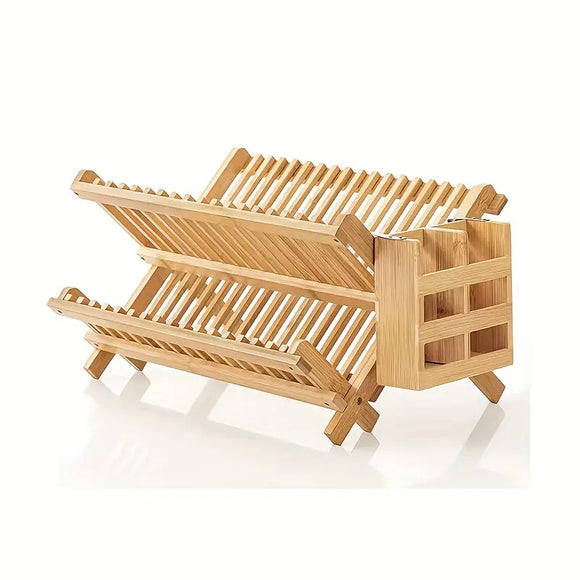 NNETM High Quality Natural Bamboo Dish Rack - Foldable and Compact