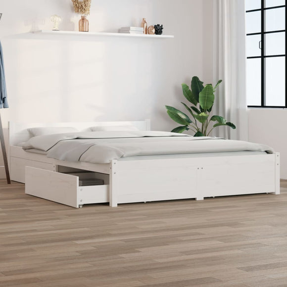 NNEVL Bed Frame with Drawers White 153x203 cm Queen Size