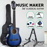 NNEDSZ 34 Inch Guitar Classical Acoustic Cutaway Wooden Ideal Kids Gift Children 1/2 Size Blue with Capo Tuner