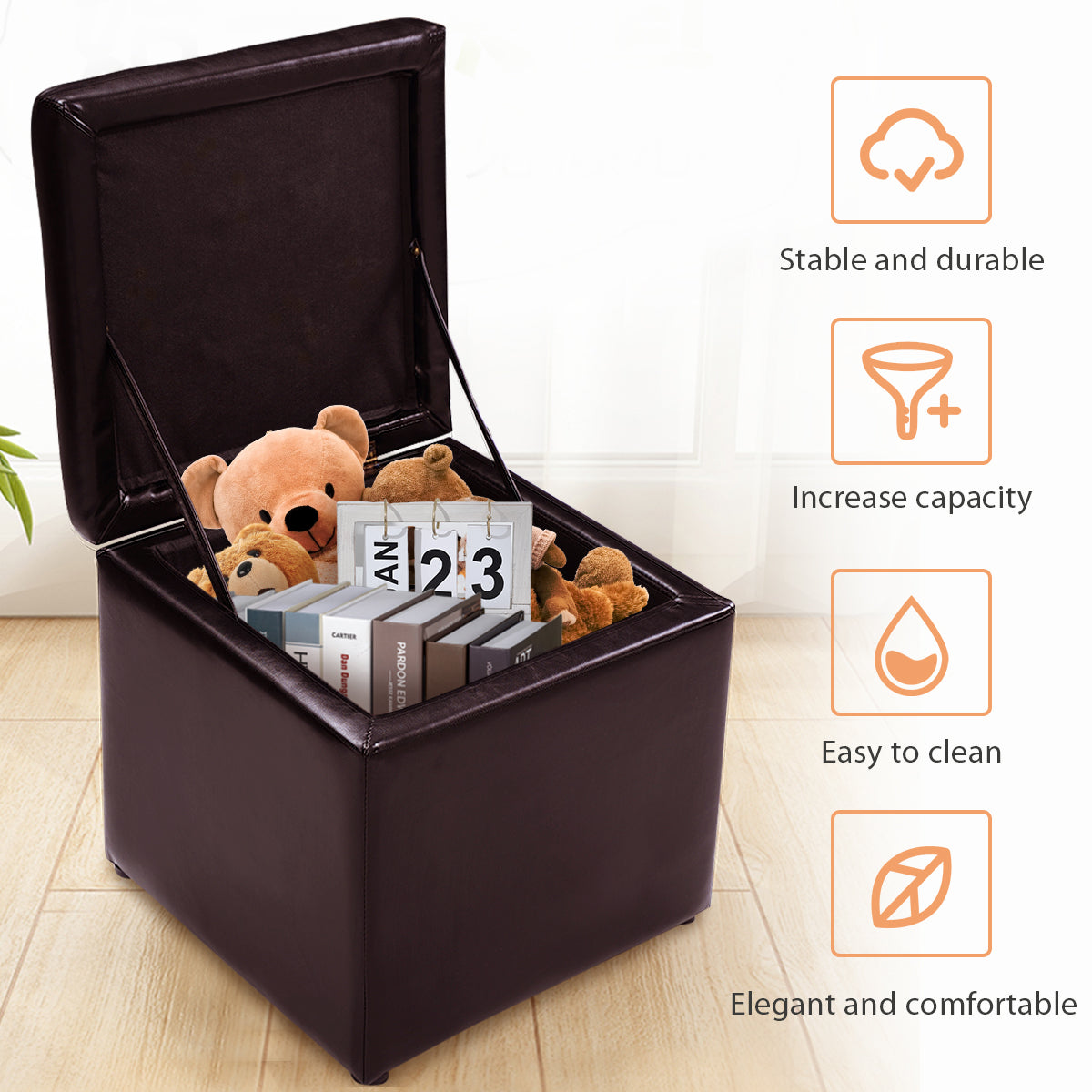 Curated visual reference: Leather Cube Storage Ottoman Reference: Nnecw 40Cm Pu Leather Cube Storage Ottoman With Lid Brown