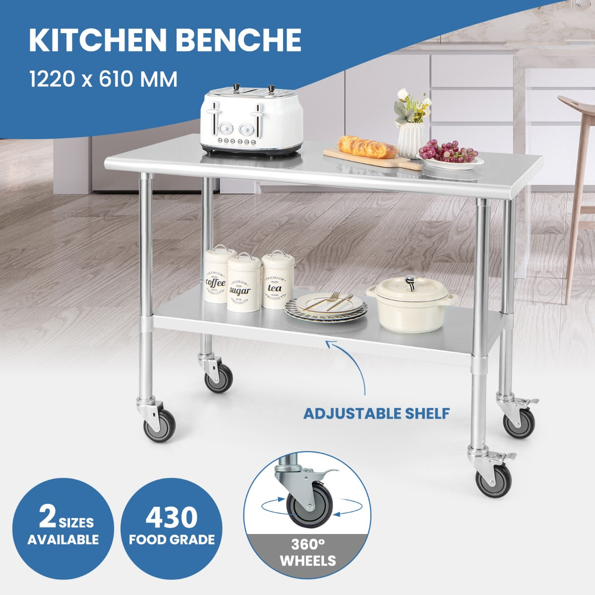 NNECW 122 x 61 cm Stainless Steel Table Cart with 4 Universal Wheels f – NNE Living