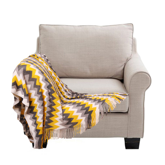 NNEAGS 170cm Yellow Zigzag Striped Throw Blanket Acrylic Wave Knitted Fringed Woven Cover Couch Bed Sofa Home Decor