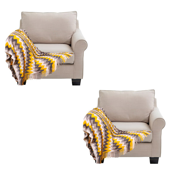 NNEAGS 2X 170cm Yellow Zigzag Striped Throw Blanket Acrylic Wave Knitted Fringed Woven Cover Couch Bed Sofa Home Decor