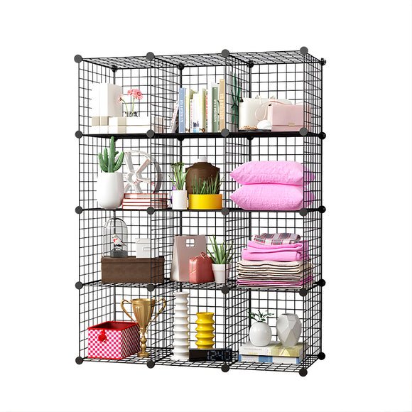NNEAGS Black Portable 12-Cube Storage Organiser Foldable DIY Modular Grid Space Saving Shelf