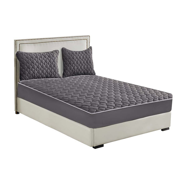NNEAGS Grey 138cm Wide Mattress Cover Thick Quilted Fleece Stretchable Clover Design Bed Spread Sheet Protector with Pillow Covers