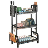 NNEAGS 3 Tier 62cm Steel Black Kitchen Countertop Drying Rack Dish Plate Cutlery Cutting Board Holder Dish Drainer Kitchen Organiser