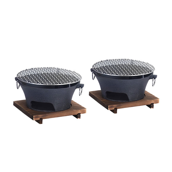NNEAGS 2X Large Cast Iron Round Stove Charcoal Table Net Grill Japanese Style BBQ Picnic Camping with Wooden Board