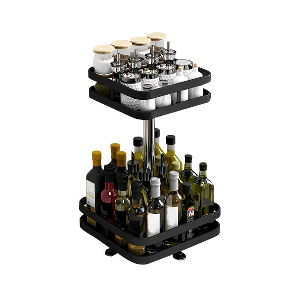 NNEAGS 2 Tier Steel Black Square Rotating Multi-Function Kitchen Portable Storage Spice Seasoning Kitchen Countertop Organiser Shelf