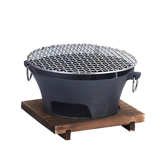 NNEAGS Large Cast Iron Round Stove Charcoal Table Net Grill Japanese Style BBQ Picnic Camping with Wooden Board