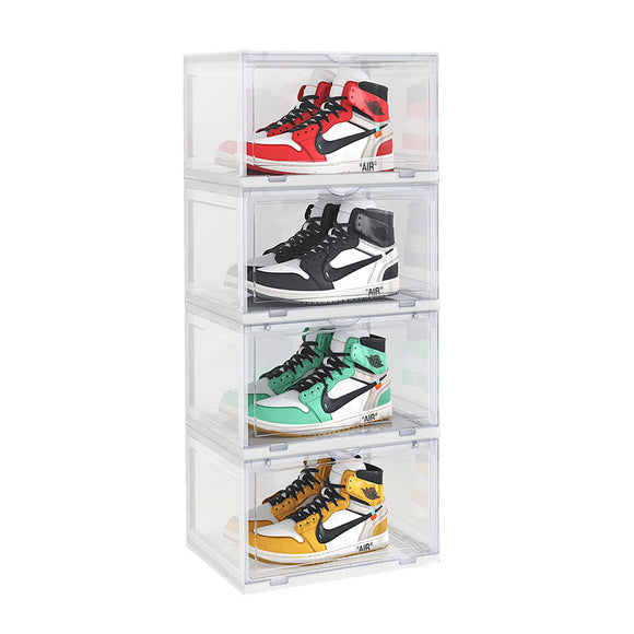 NNEAGS 4 Tier Transparent Portable Shoe Organiser Sneaker Footwear Folding Plastic Bin Stackable Storage Box with Magnetic Door