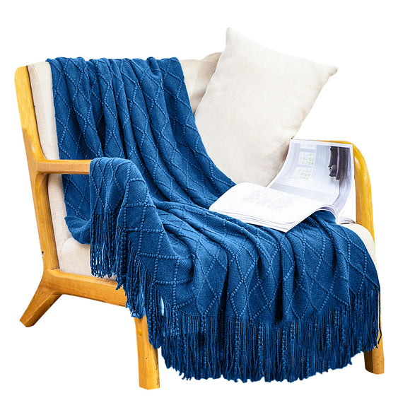 NNEAGS Royal Blue Diamond Pattern Knitted Throw Blanket Warm Cozy Woven Cover Couch Bed Sofa Home Decor with Tassels