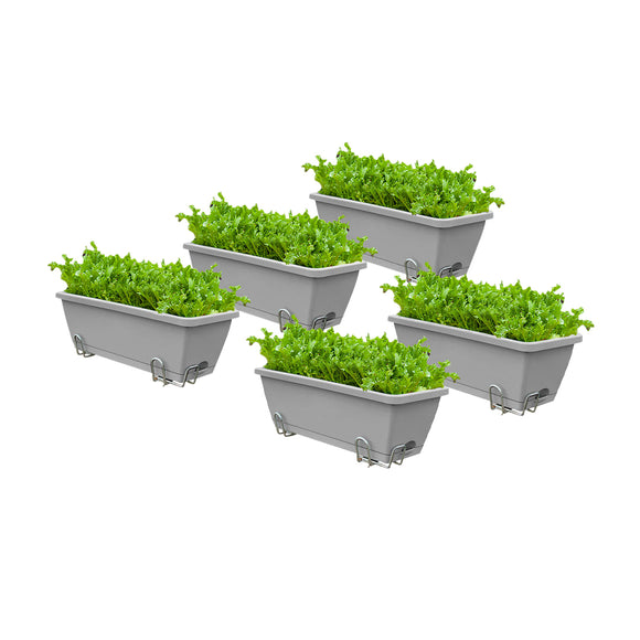 NNEAGS 49.5cm Gray Rectangular Planter Vegetable Herb Flower Outdoor Plastic Box with Holder Balcony Garden Decor Set of 5