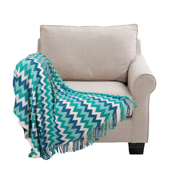 NNEAGS 170cm Blue Zigzag Striped Throw Blanket Acrylic Wave Knitted Fringed Woven Cover Couch Bed Sofa Home Decor