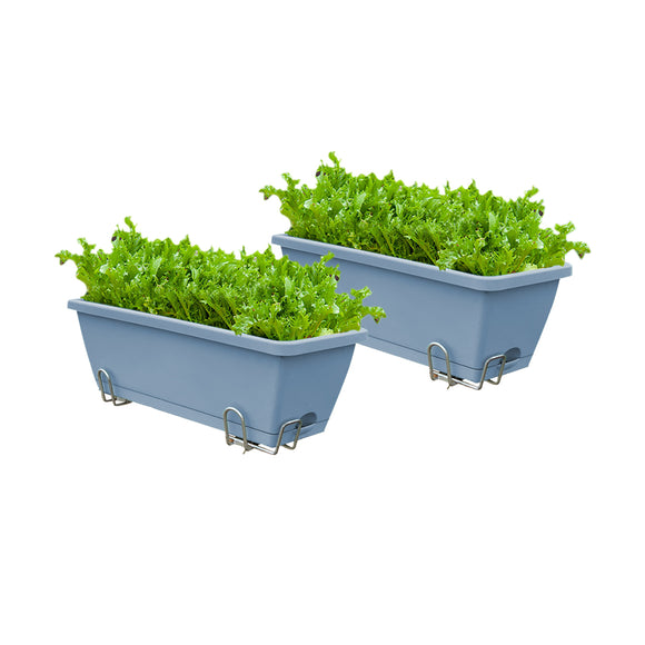 NNEAGS 49.5cm Blue Rectangular Planter Vegetable Herb Flower Outdoor Plastic Box with Holder Balcony Garden Decor Set of 2