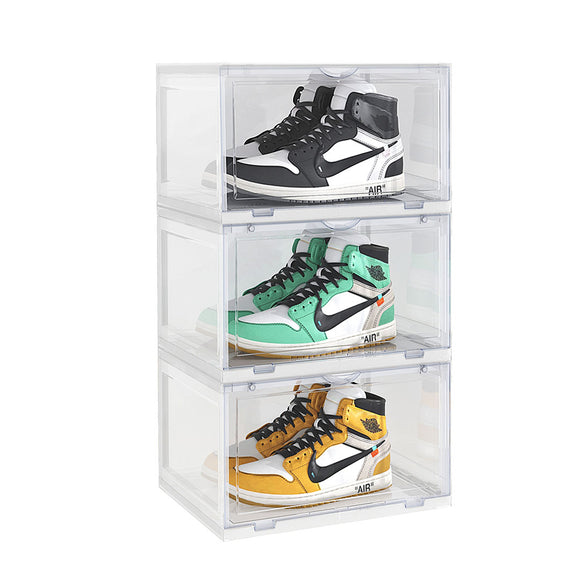 NNEAGS 3 Tier Transparent Portable Shoe Organiser Sneaker Footwear Folding Plastic Bin Stackable Storage Box with Magnetic Door