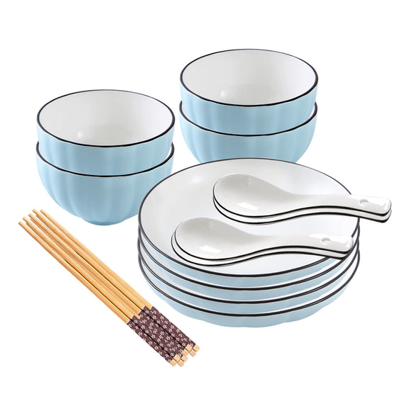NNEAGS Blue Japanese Style Ceramic Dinnerware Crockery Soup Bowl Plate Server Kitchen Home Decor Set of 8