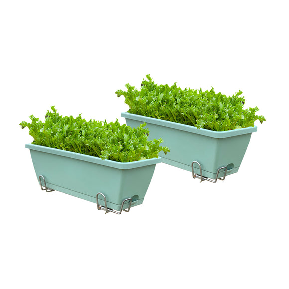 NNEAGS 49.5cm Green Rectangular Planter Vegetable Herb Flower Outdoor Plastic Box with Holder Balcony Garden Decor Set of 2