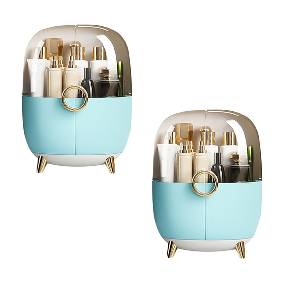 NNEAGS 2X Blue Transparent Countertop Makeup Organiser Cosmetic Storage Waterproof Dustproof Bathroom Skincare Holder with Lid