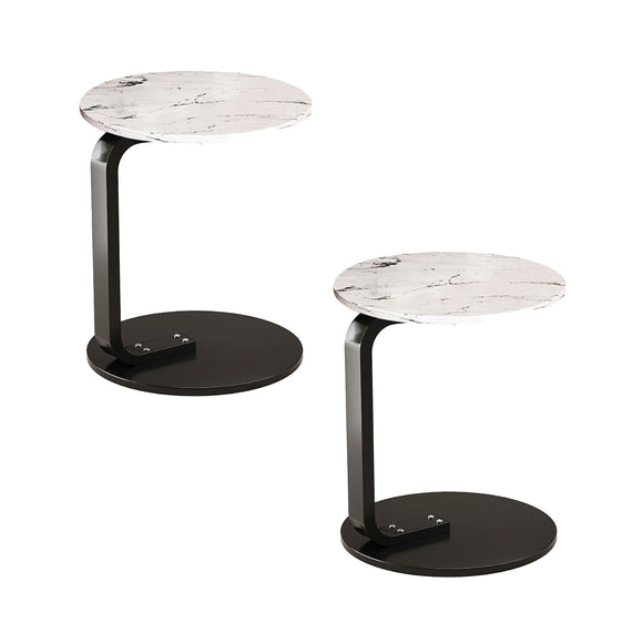 NNEAGS 2X  50cm White Marble Mini Side Table Movable Lightweight w/ Black Frame