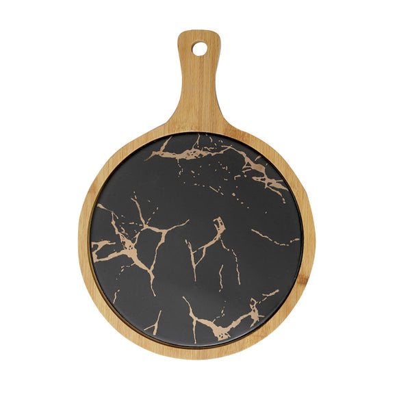 NNEAGS 30cm Black Circle Wooden Serving Tray Slate Steak Serving Platter Chopping Board Paddle Home Decor