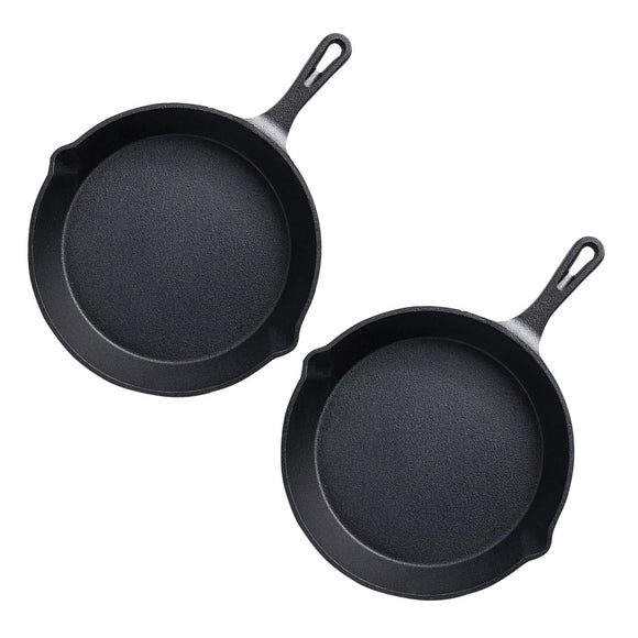 NNEAGS 2X 26cm Round Cast Iron Frying Pan Skillet Steak Sizzle Platter with Handle