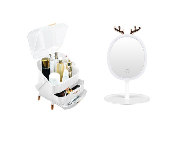 NNEAGS White Cosmetic Jewelry Storage Organiser with Antler LED Light Mirror Tabletop Vanity Set