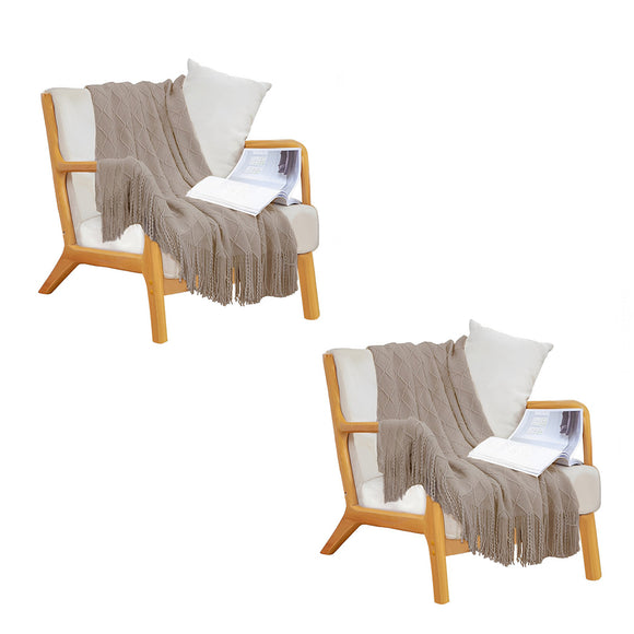 NNEAGS 2X Coffee Diamond Pattern Knitted Throw Blanket Warm Cozy Woven Cover Couch Bed Sofa Home Decor with Tassels