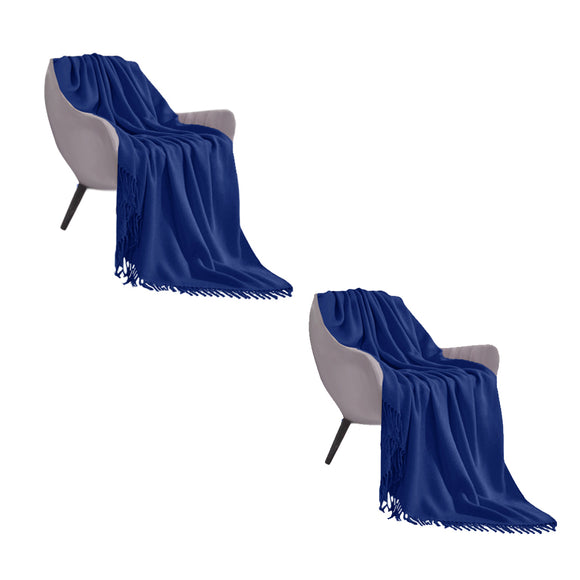 NNEAGS 2X Royal Blue Acrylic Knitted Throw Blanket Solid Fringed Warm Cozy Woven Cover Couch Bed Sofa Home Decor