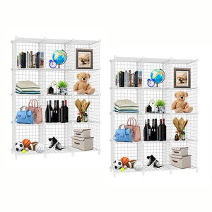 NNEAGS 2X White Portable 12-Cube 3 Column Storage Organiser Foldable DIY Modular Grid Space Saving Shelf