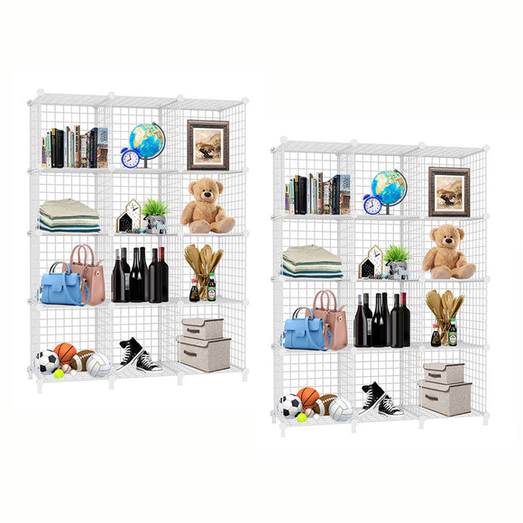 NNEAGS 2X White Portable 12-Cube 3 Column Storage Organiser Foldable DIY Modular Grid Space Saving Shelf