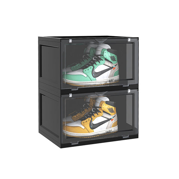 NNEAGS 2 Tier Black Portable Shoe Organiser Sneaker Footwear Folding Plastic Bin Stackable Storage Box with Magnetic Door