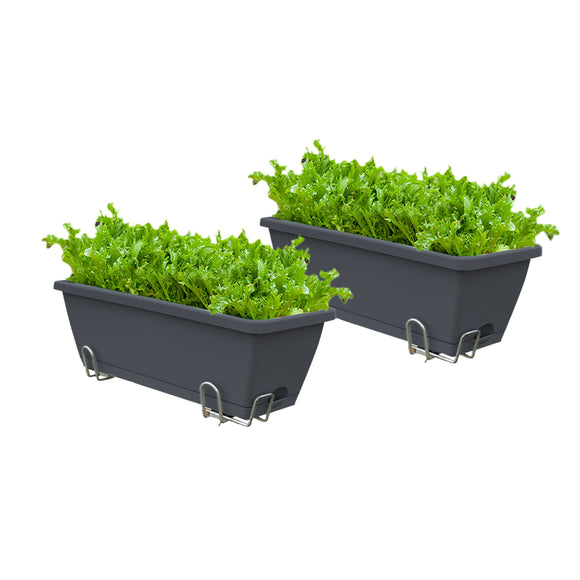 NNEAGS 49.5cm Black Rectangular Planter Vegetable Herb Flower Outdoor Plastic Box with Holder Balcony Garden Decor Set of 2