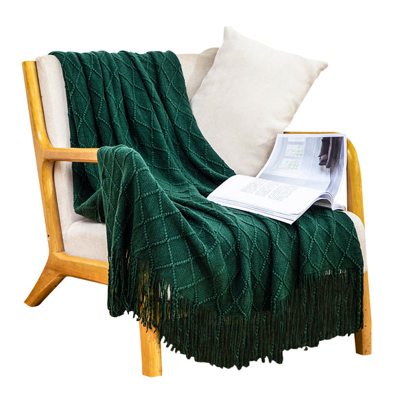 NNEAGS Green Diamond Pattern Knitted Throw Blanket Warm Cozy Woven Cover Couch Bed Sofa Home Decor with Tassels