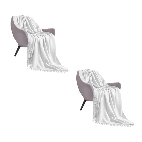 NNEAGS 2X White Acrylic Knitted Throw Blanket Solid Fringed Warm Cozy Woven Cover Couch Bed Sofa Home Decor