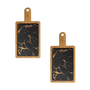 NNEAGS 2X 33.5cm Black Square Wooden Serving Tray Slate Steak Serving Platter Chopping Board Paddle Home Decor
