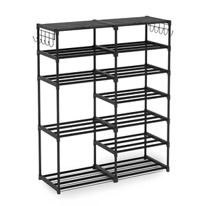 NNEAGS 12-Shelf Tier Shoe Storage Shelf Space-Saving Caddy Rack Organiser with Side Hooks Black