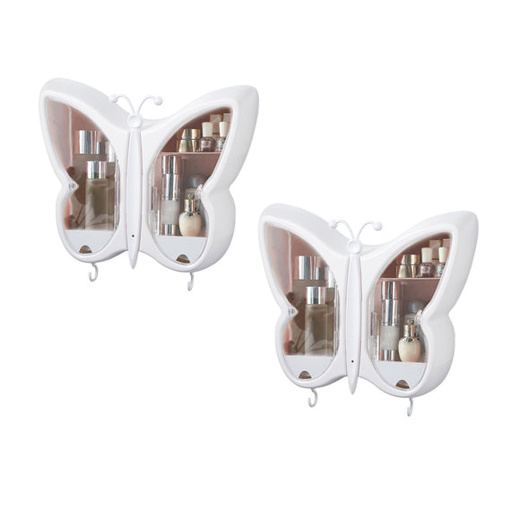 NNEAGS 2X White Butterfly Shape Wall-Mounted Makeup Organiser Dustproof Waterproof Bathroom Storage Box Home Decor