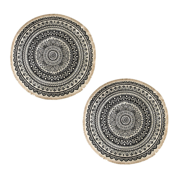 NNEAGS 2X Black Carpet Soft Linen Bohemian Non-Slip Floor Retro Minimalist Round Rug Home Decor with Tassels