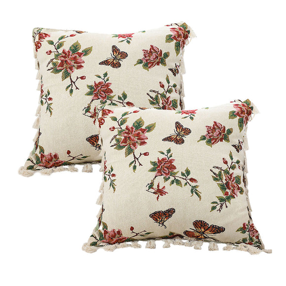 NNEAGS 2X 45cm Creamy White French Vintage Butterfly Loves Flowers Tassel Throw Pillow